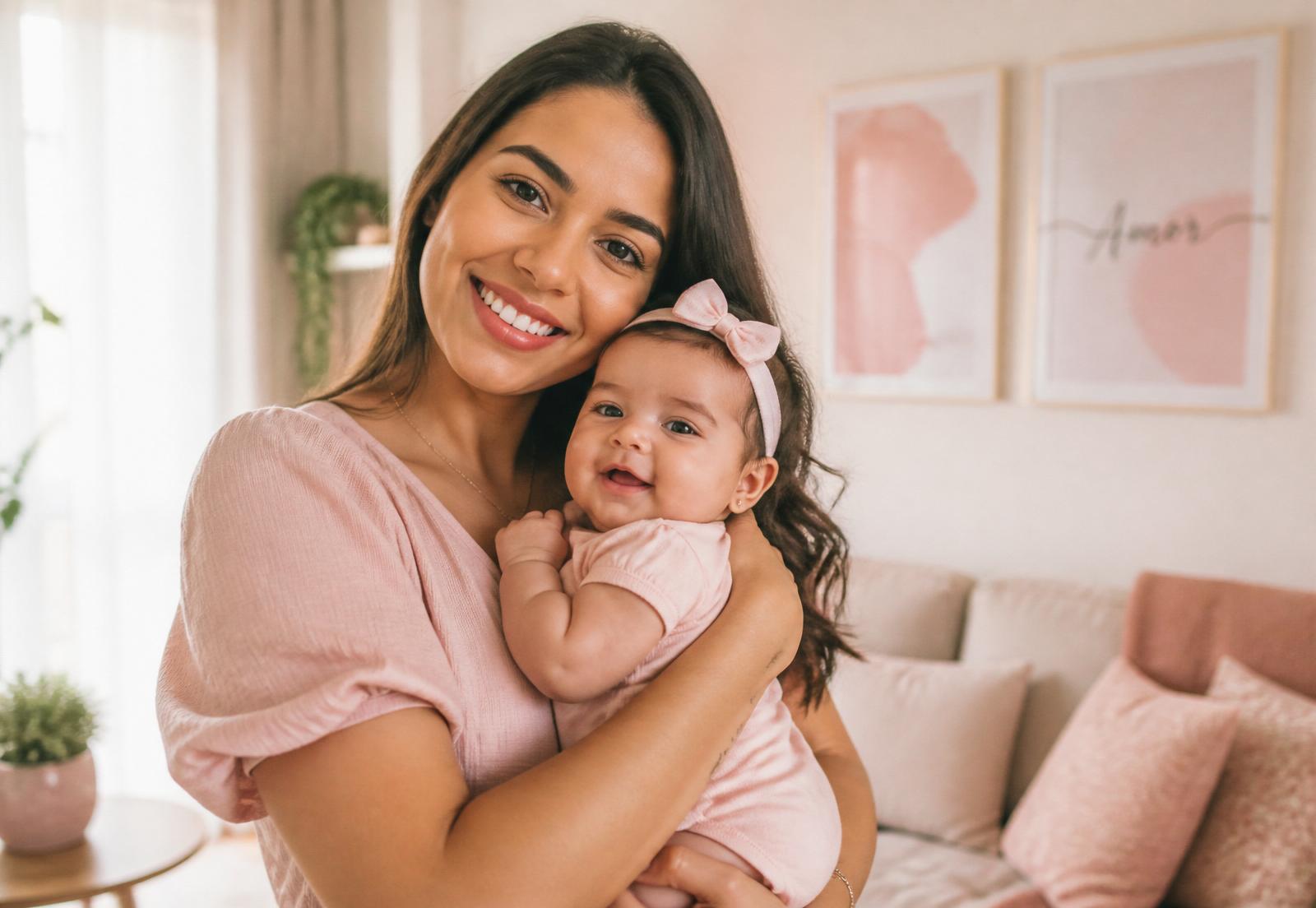 Mãe sorridente segurando seu bebê no colo
